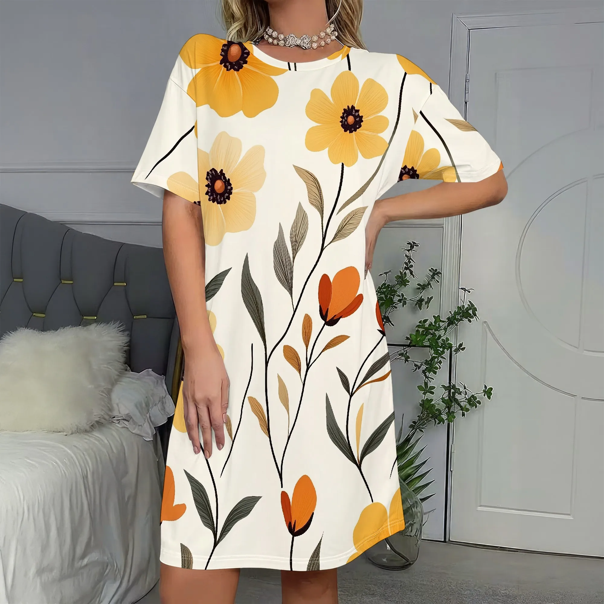 

Floral Print,Short Sleeve Dress,Casual Shift Dress,Tunic Style Top,Summer Beachwear,Ladies Fashion,S-2XL
