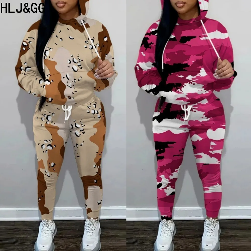 

HLJ&GG Fashion Camouflage Print Jogger Pants Two Piece Sets Women Long Sleeve Hooded Sweatshirt+Pants Tracksuits Female Outfits