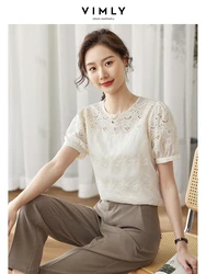 Vimly Elegant and Youth Woman Blouses Lyocell Summer Top for Women 2023 Short Sleeve Hook Flower Hollow Ladies Shirts & Blouses