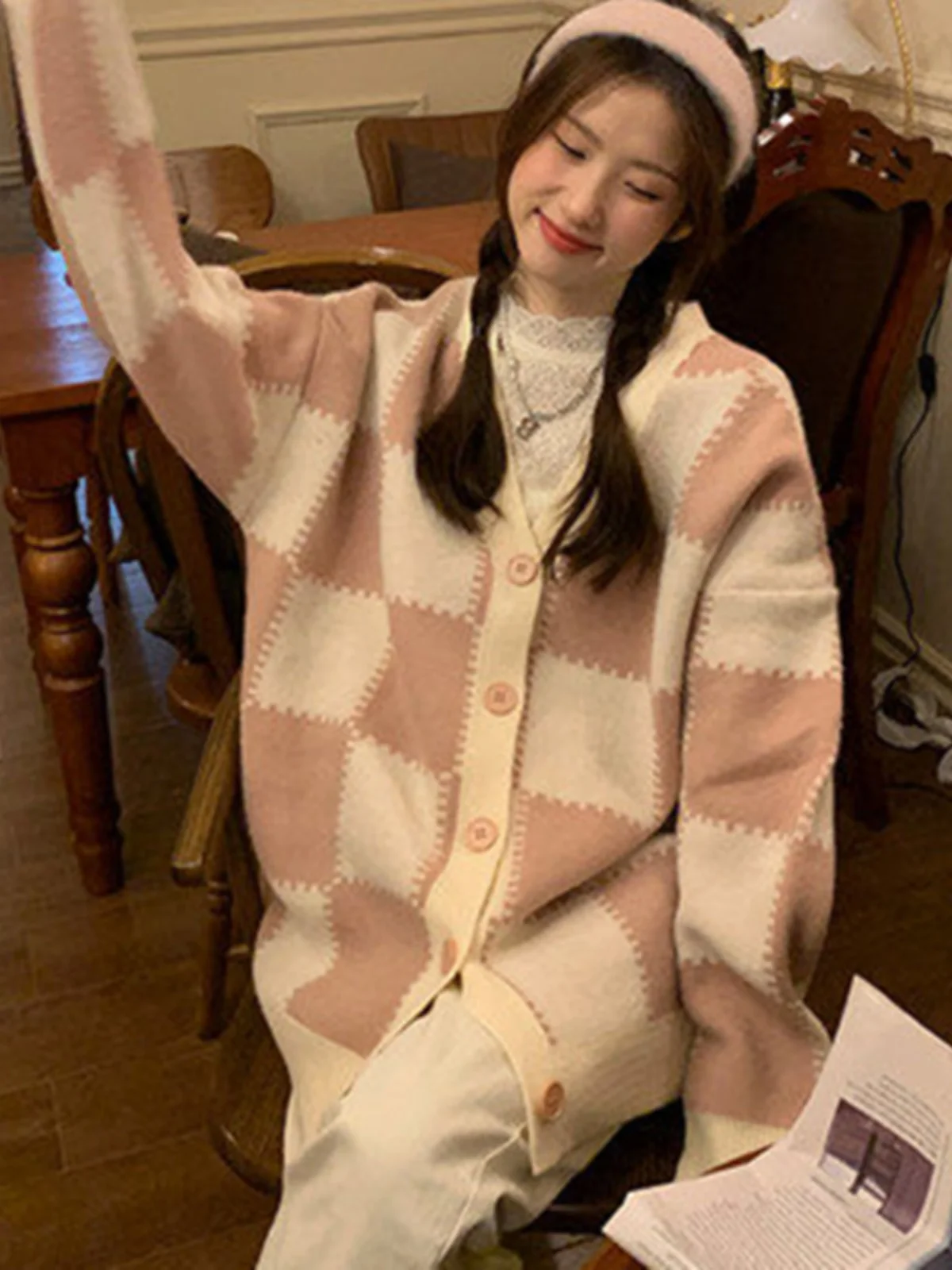 Slimming Autumn Winter V-ne Knitwear Casual Long Sve Chboard Pattern Small Fraance Sle Loose Open Cardigan Sweater