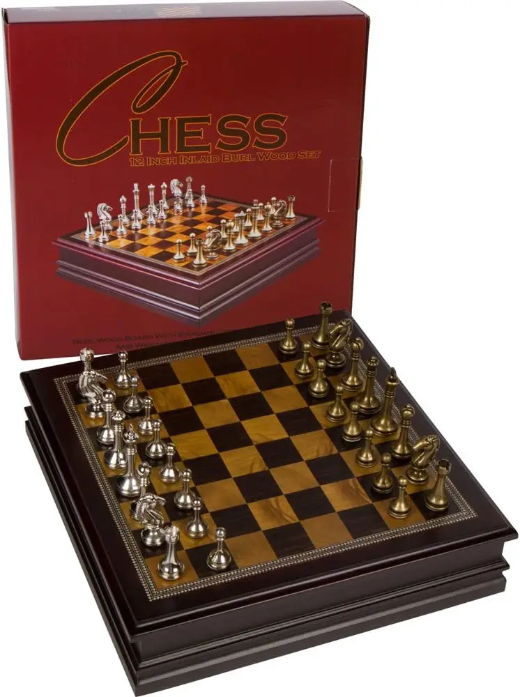 

Chess Inlaid Wood Board Game Set with Metal Pieces, Medium 12 x 12 Inch