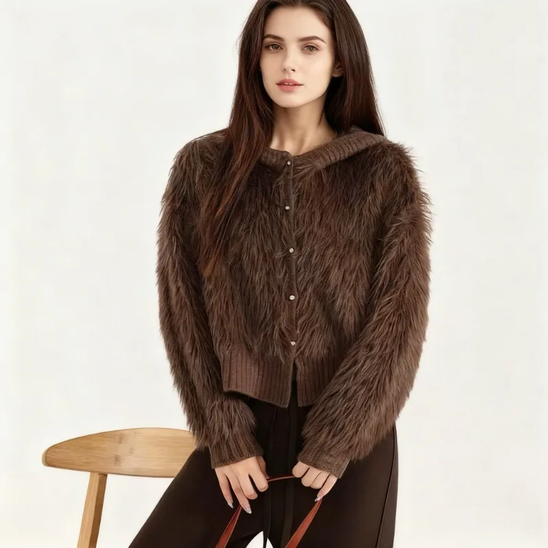 

Новый модный корейский однотонный женский вязаный плюшевый свитер с капюшоном, осенне-зимний милый повседневный женский короткий кардиган, пальто