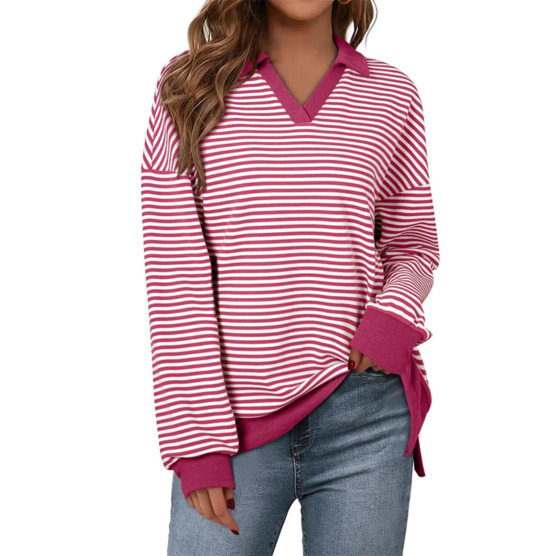 

Retro Women’s Oversized Pullover Tops Vintage Lapel Collar Polo Striped Long Sleeve Shirt Blouse Tops Trendy Spring Collection