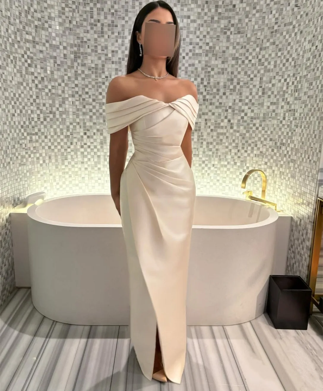 

Customized Long Off Shoulder Evening Dresses with Slit Mermaid Satin فساتين سهرة Floor Length Prom Dress for Women