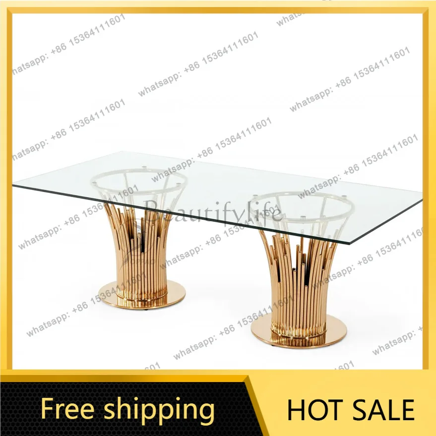 LS light luxury dining table household stainless steel gold-plated rectangular tempered glass dining table simple villa