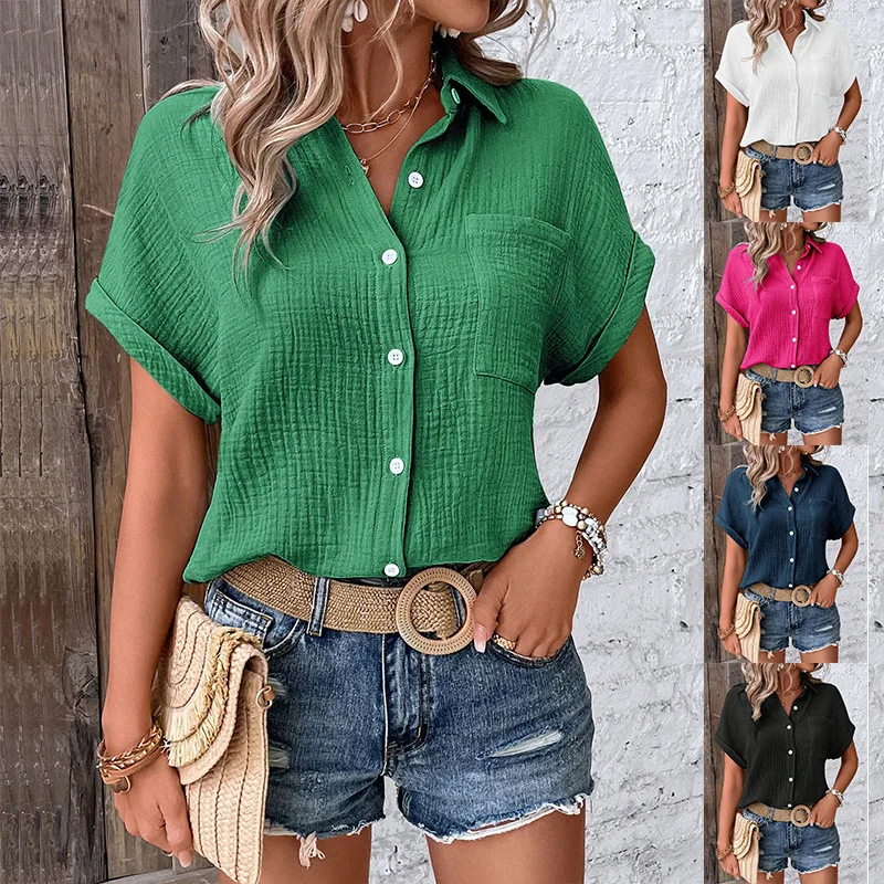 

2025 Summer Solid Pleated Slim Casual Cardigan Shirt Women Turn Down Collar Single Breasted Short Sleeve Versatile Street Blouse