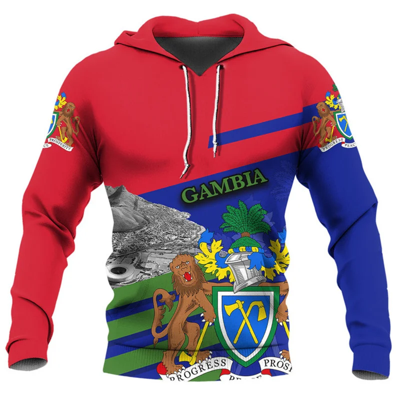 Fashion 3D The Republic-of The Gambia Flag Printing Hoodies Gambia Coat Of Arms Graphic Hooded Hoody Mens Clothing Pullovers Top