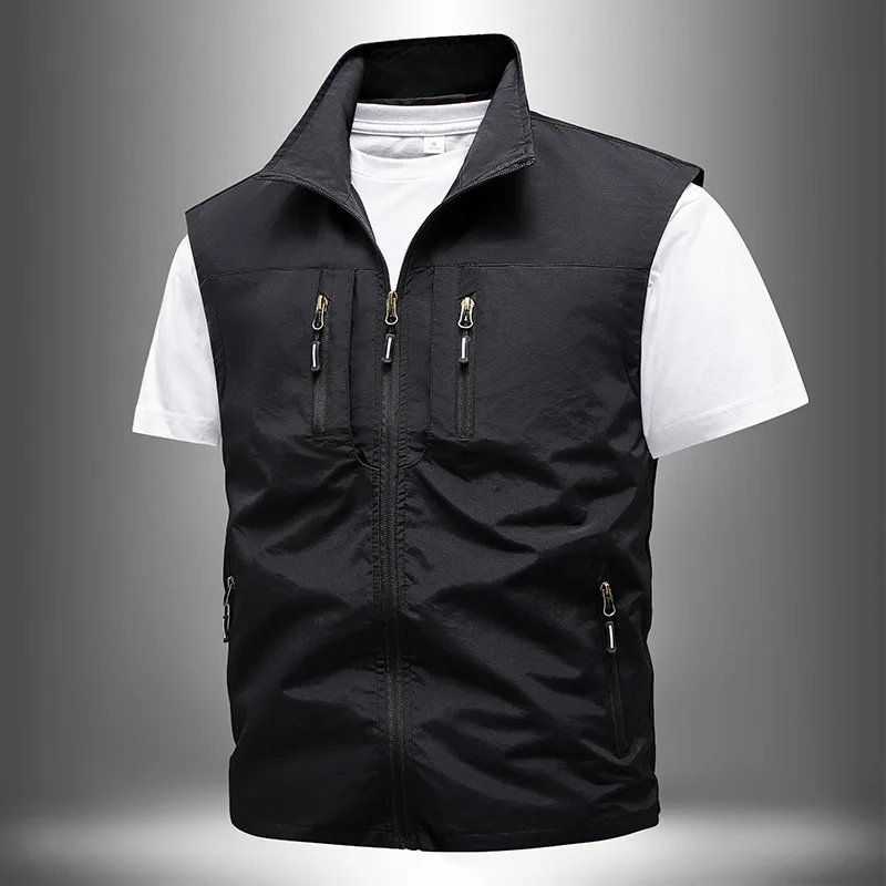 

Lightweight Work Vest for Men Stand Collar Multi-Pocket Outdoor Sleeveless Jacket Pure Color Casual Only The Vest