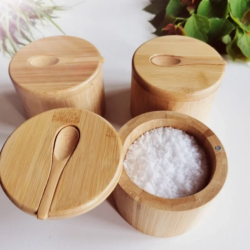 

Salt Seasoning Jars Pepper Jar Bamboo Condiment Box Bowl Storage Pot Set Wood Sugar Container Holder Lid Function Multi Bowls