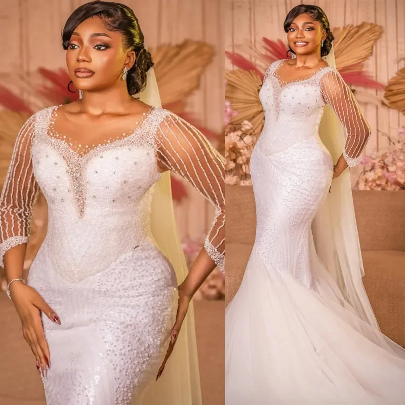 

Customized Sheer Neck Shinny Full Beads Crystals Mermaid Wedding Dress 3/4 Full Sleeves Robe De Mariée Luxury Bridal Gown