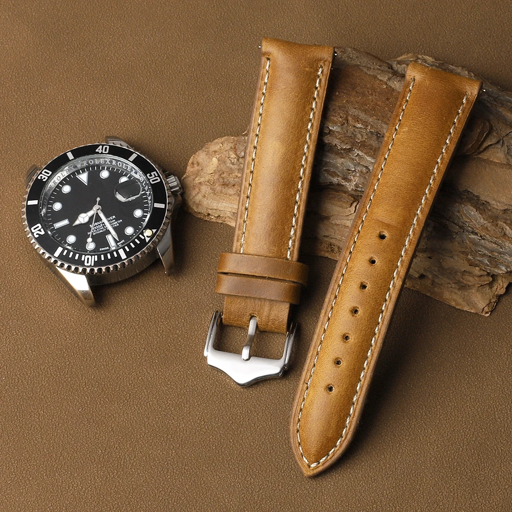 Premium Vintage Crazy Horse Genuine Leather Watchband 16mm 18mm 20mm 22mm Blue Brown Quick Release Replacement Wristband for Men