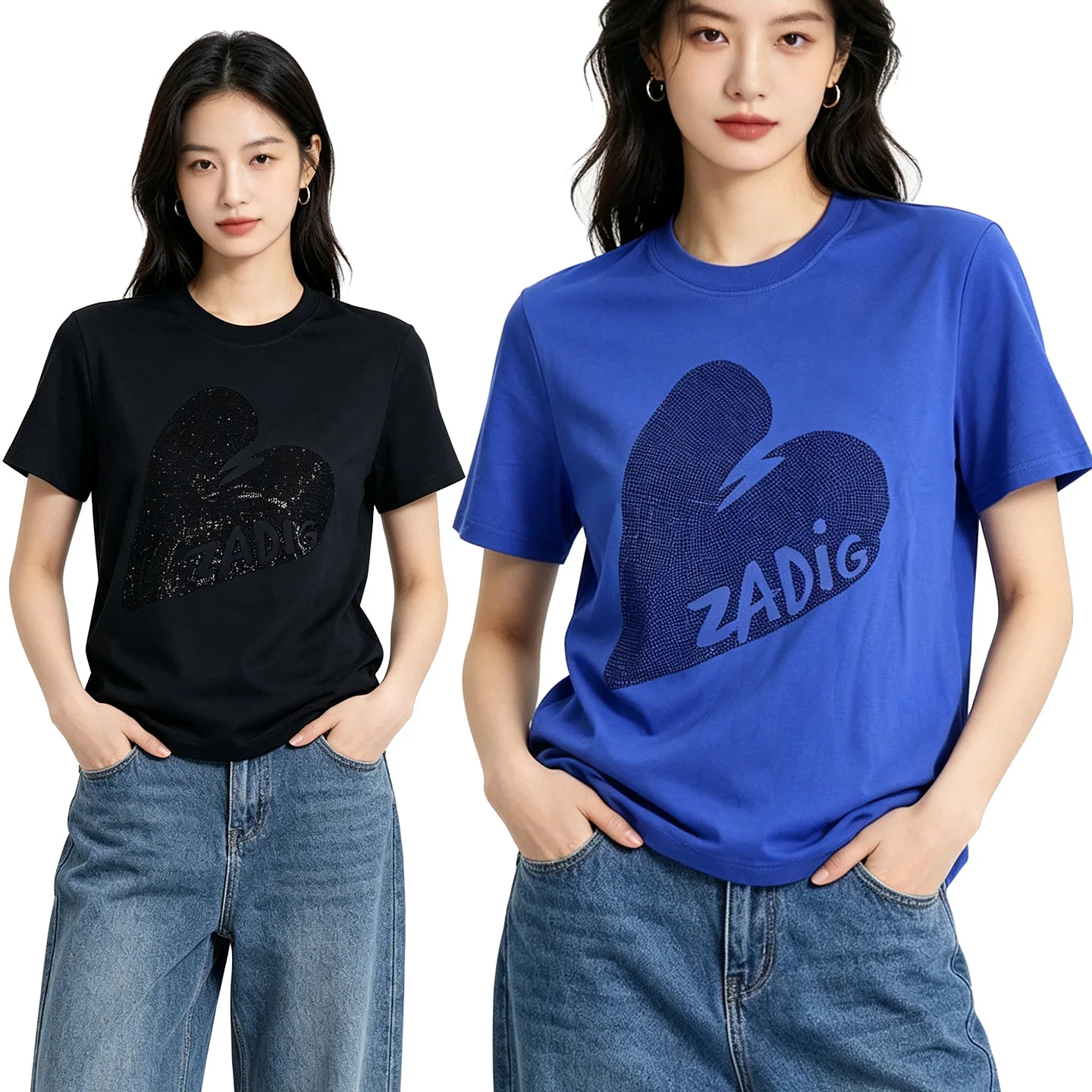 26 Summer French Niche ZV Front Hot Diamond Love Personalized Women's Round Neck Loose Cotton Short-sleeved T-shirt