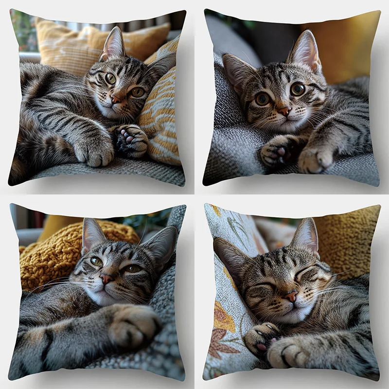

4pcs Realistic Tabby Cat Cushion Cover Animal Printed Pillow Case Polyester Home Decor Sofa Living Room Bedroom 2D Flat