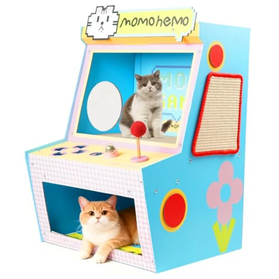 

Indoor cat house with bed and scratcher: multi-level activity tower in gray and beige sisal-wrapped posts cardboard tree hangin