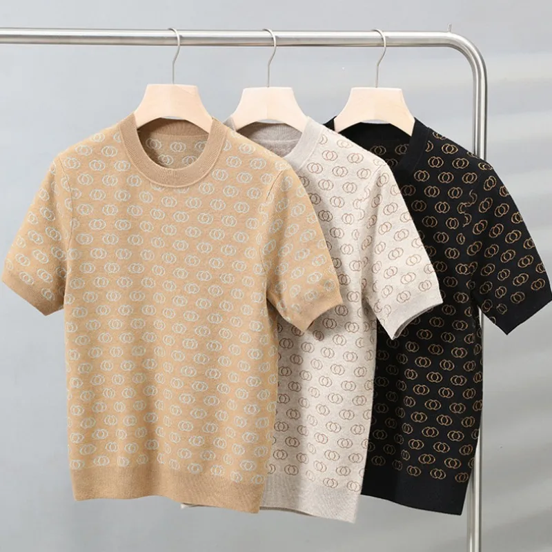 2024 Spring Autumn Jacquard Knitted Short Sleeve T-Shirts High Quality Round Neck Social Knit Pullover Versatile Casual Tee Tops