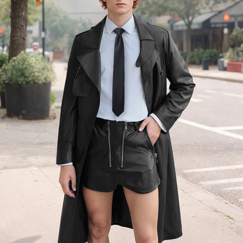 

INCERUN мужские пальто однотонные из искусственной кожи с лацканами и длинным рукавом повседневные длинные стильные Тренчи мужские уличные модные ветровки в стиле панк мужские