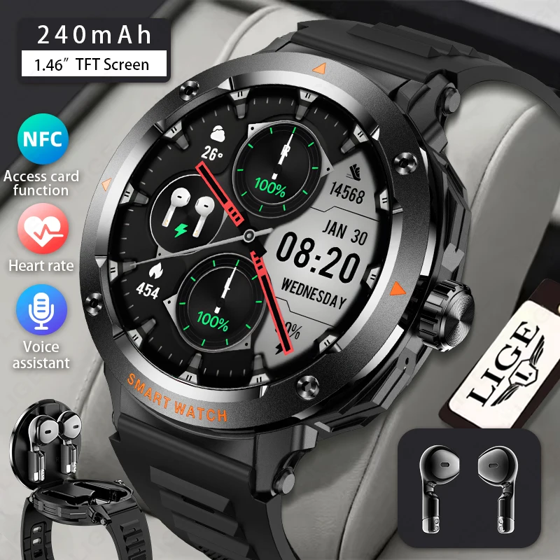

LIGE TWS 2 в 1, умные спортивные часы, беспроводная Bluetooth-гарнитура, монитор здоровья для звонков, фитнеса, водонепроницаемые умные часы, гарнитура, новинка