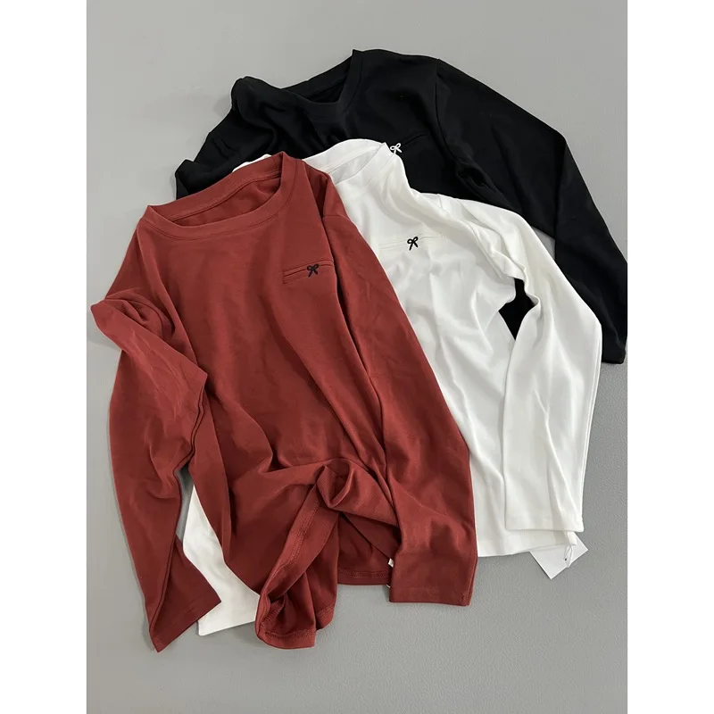 

Agra Red Dopamine Series леггинсы с искусственными карманами и вышивкой, футболка с круглым вырезом, повседневный хлопковый топ, женский осенний новый стиль