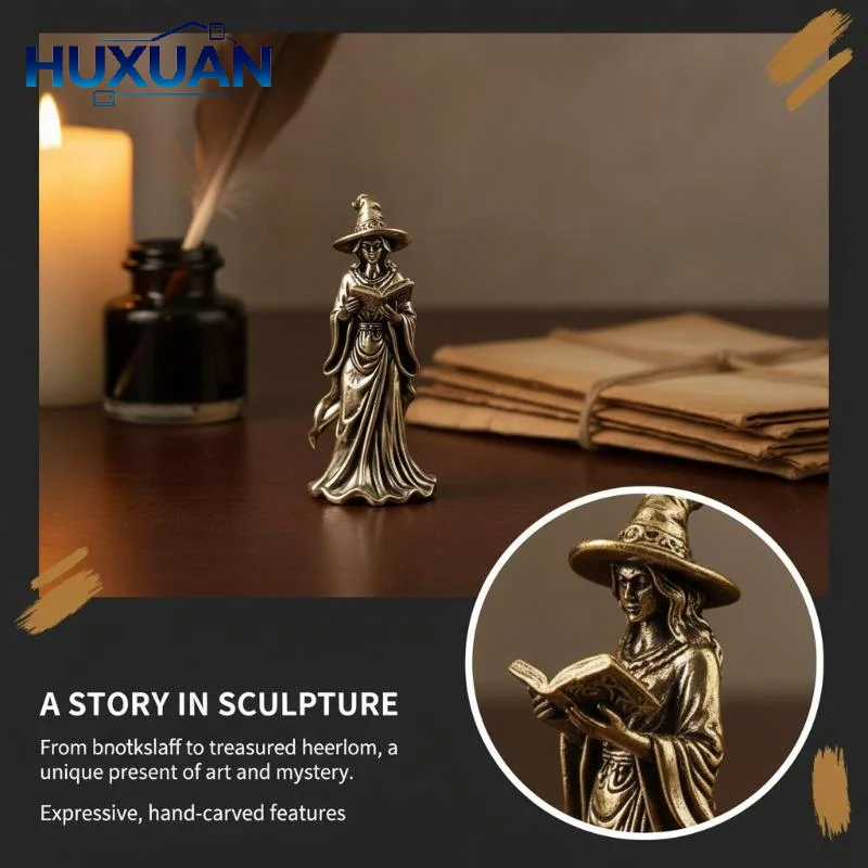 Brass Wizard Figurine Vintage Mystic Mage Statue For Desk Decor, Fantasy Collector's Item, Unique Office & Bookshelf Ornament​