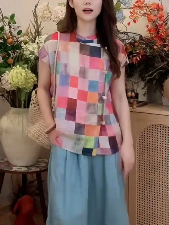 

New Chinese Sle Svel Plaid Cotton Linen irt Women's Summer Trendy QiPao Small Top Vest Upper Apparel