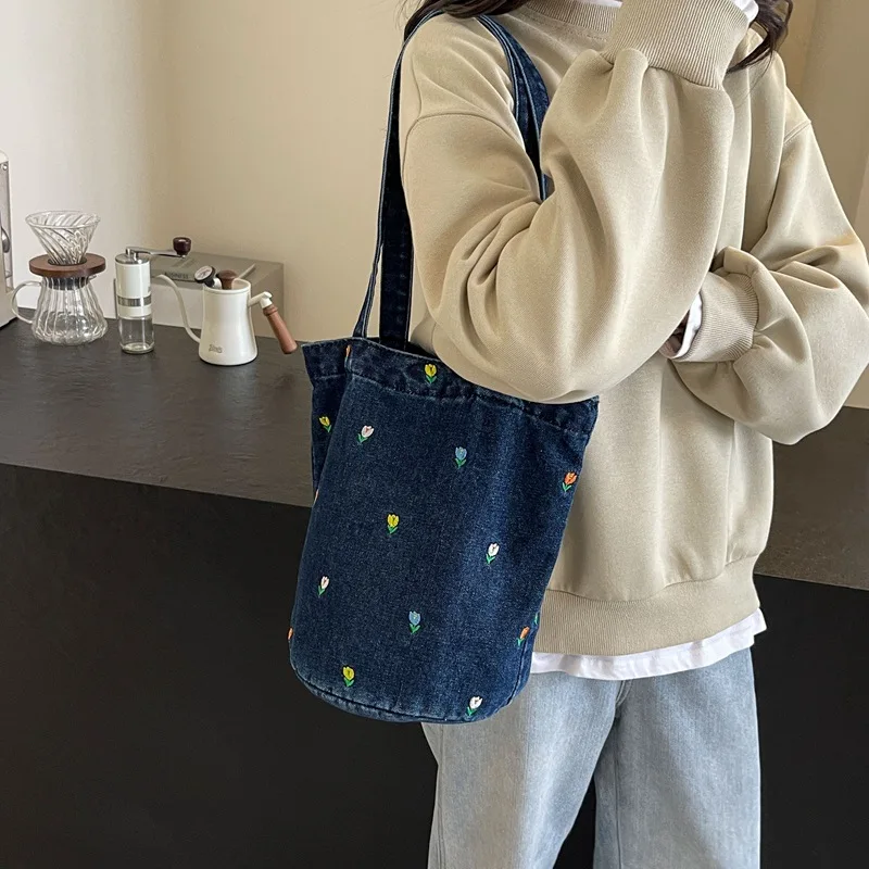 ISKYBOB Embroidered Denim Bucket Bag Women Large Capacity Tote BagShoulder Bag Ladies Portable Shopping Bag Fashion Design 2025