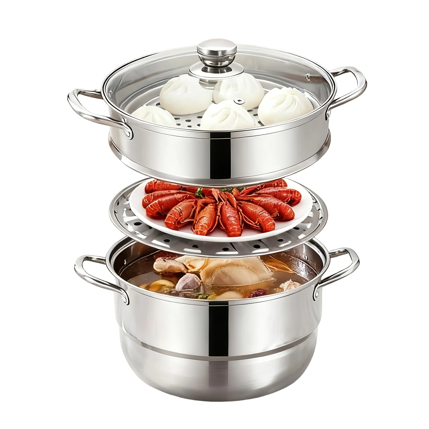 

Stainless steel double-layer steamer, suitable for induction cookers and gas stoves, glass cover, stainless steel metal handle