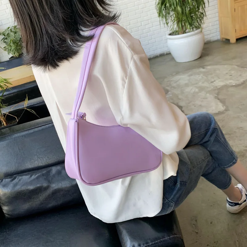 Soft PU Leather Ladies Crossbody Bag Women Purple Underarm Bag Retro Solid Color Handbag Fashion Design Girl Small Shoulder Bags