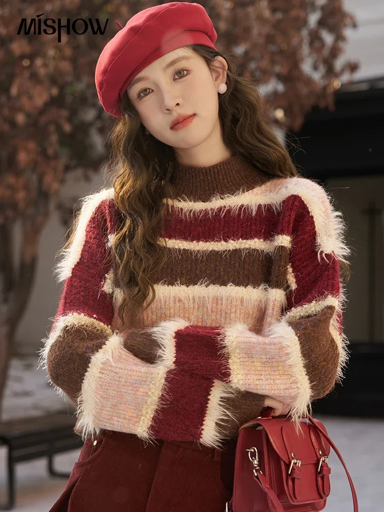 MISHOW Striped Pullover Sweater Women Autumn Winter Fashion Retro Casual Loose Ladies Crop Knitted Top Jumpers Woman MXC57Z0285