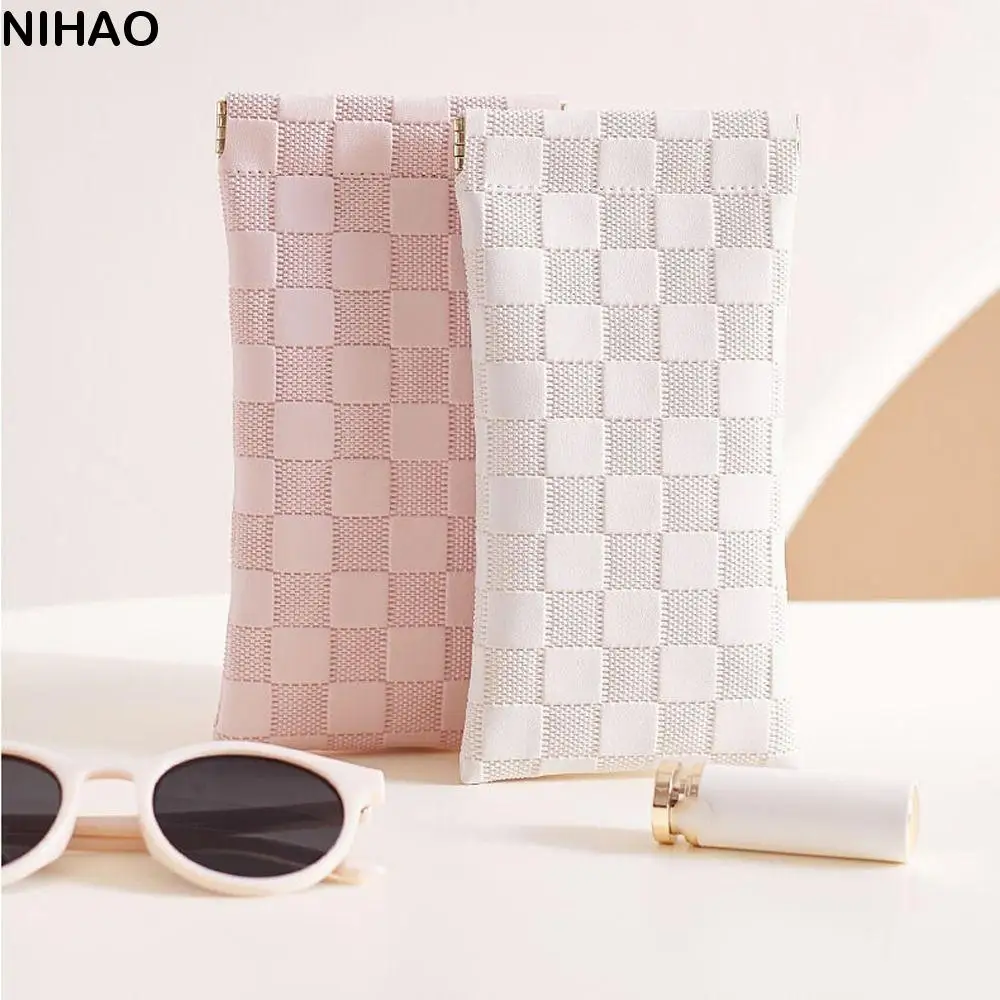 

Lattice Mini Leather Sunglasses Bag Large Capacity Plaid Self-closing Coin Purse Storage Bag Soft Small Lipstick Bag