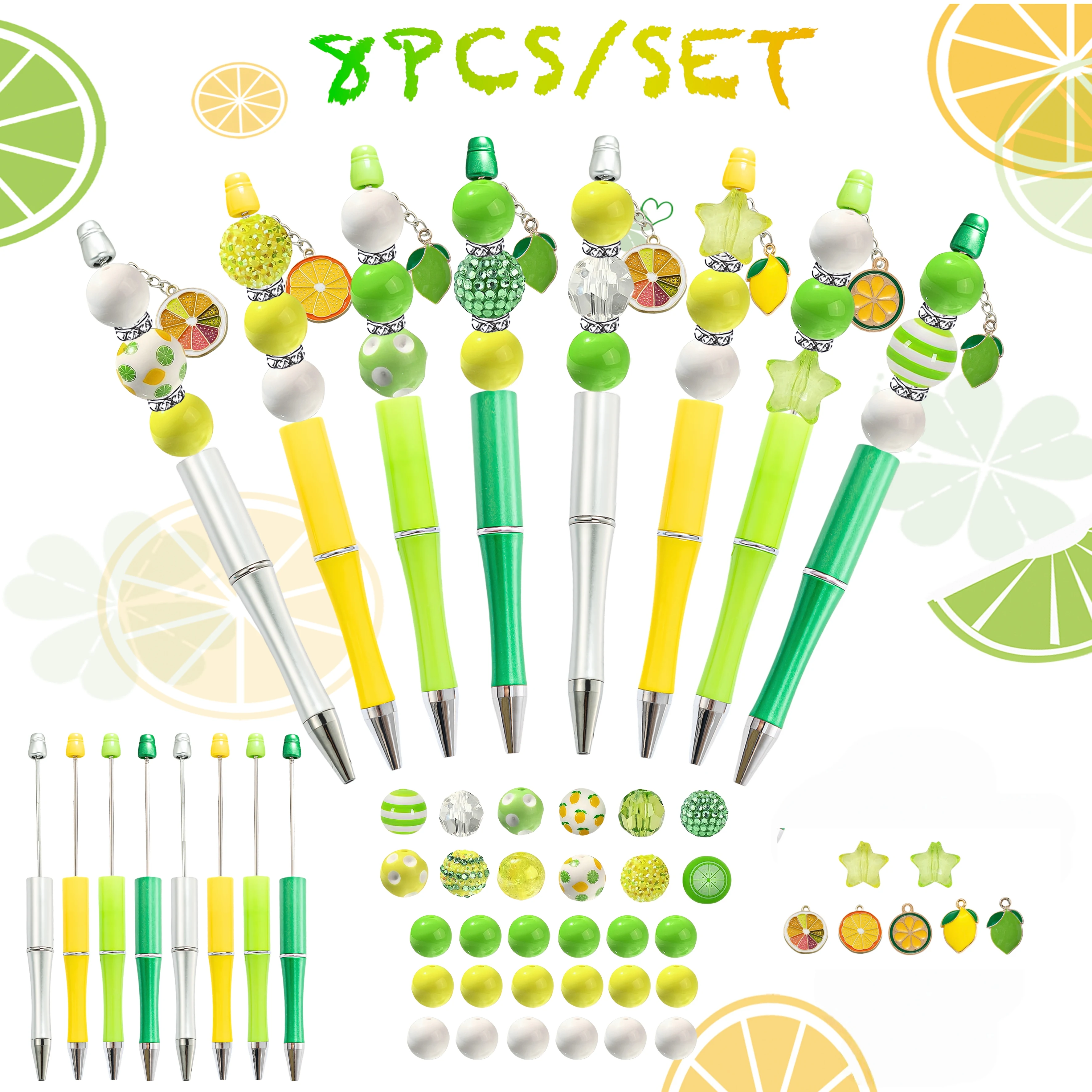 8pcs/set Lemon Glitter Bead DIY Beaded Pen, Acrylic Lemon Large Bead DIY Ballpoint Pen, for Study Writing Office Stationery