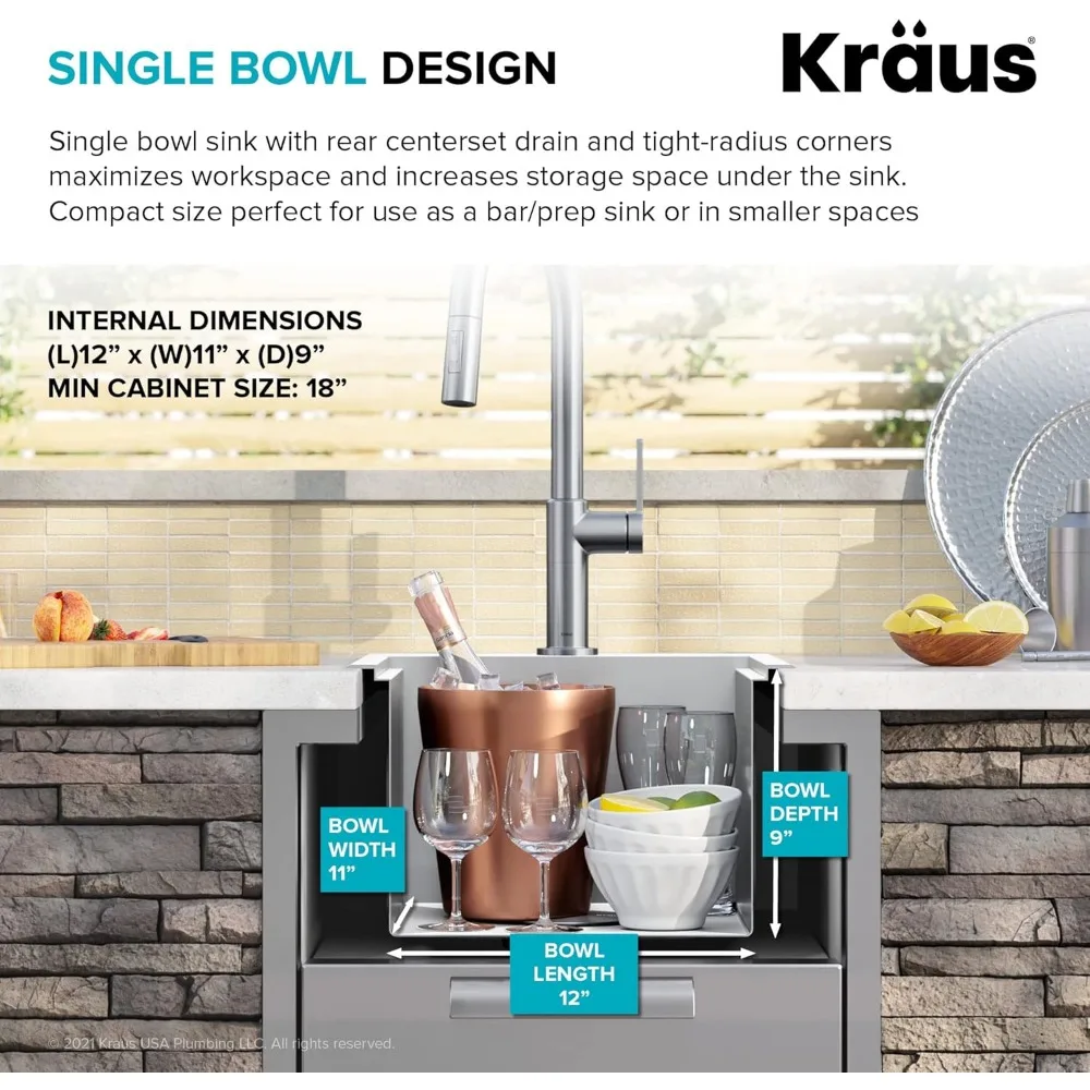 Praça Single Bowl Kitchen Bar Sink com acessórios, KWT321-15-316Stainless Steel