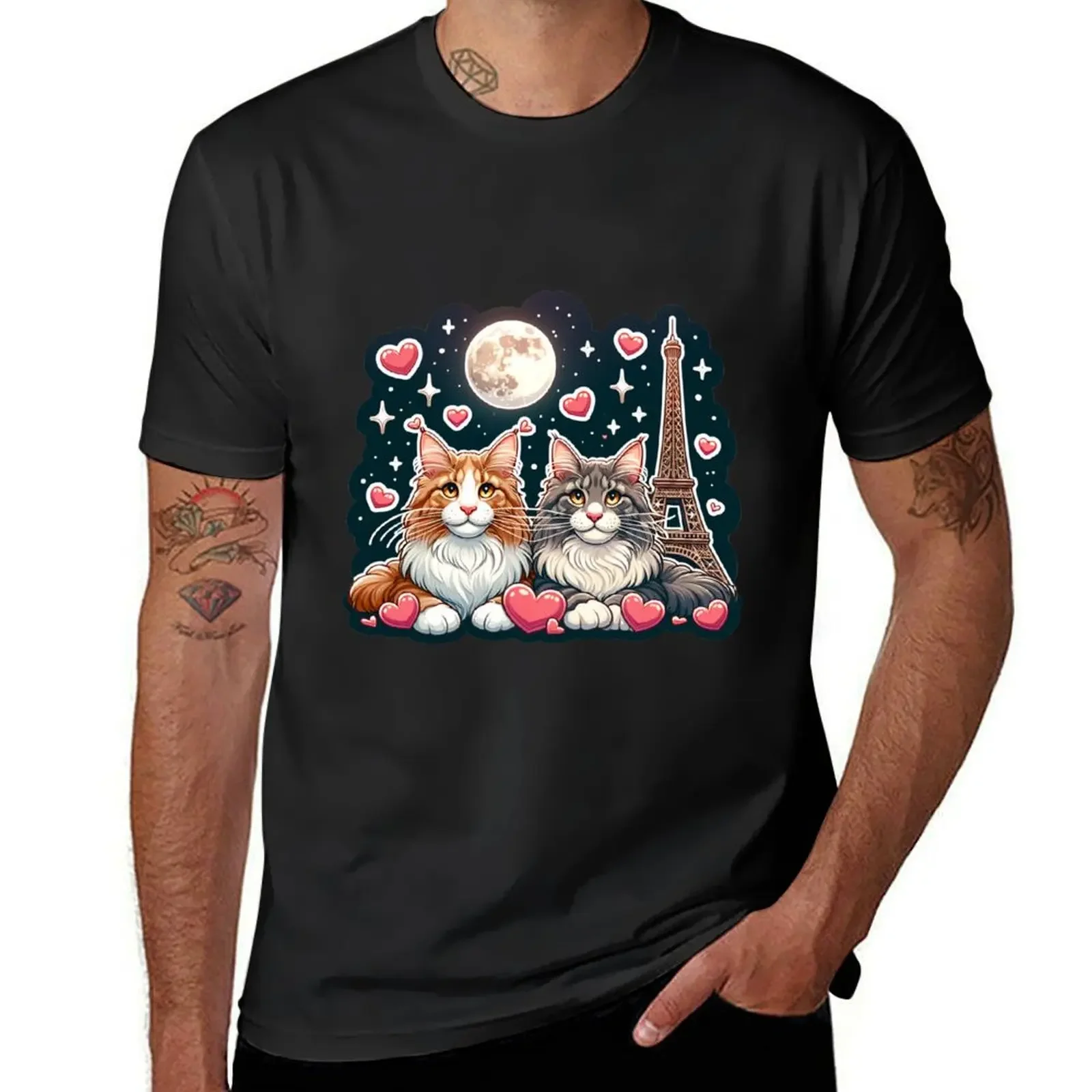 Cats in Paris under the moon Eiffel Tower Valentine's Day T-Shirt animal prinfor boys heavyweights men clothes