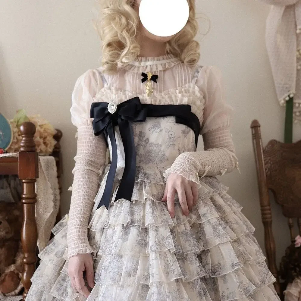 日本のかわいいロリータ Jsk ドレス女性甘い弓フリル花柄パーティーティアードケーキドレスヴィンテージプリンセスドレス