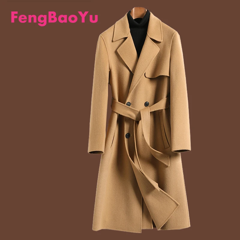 

100% Double-sided Wool Men's Long Coat with Belt Double-breasted Jacket for Outdoor Warmth, Classic Style, Quality Clothing