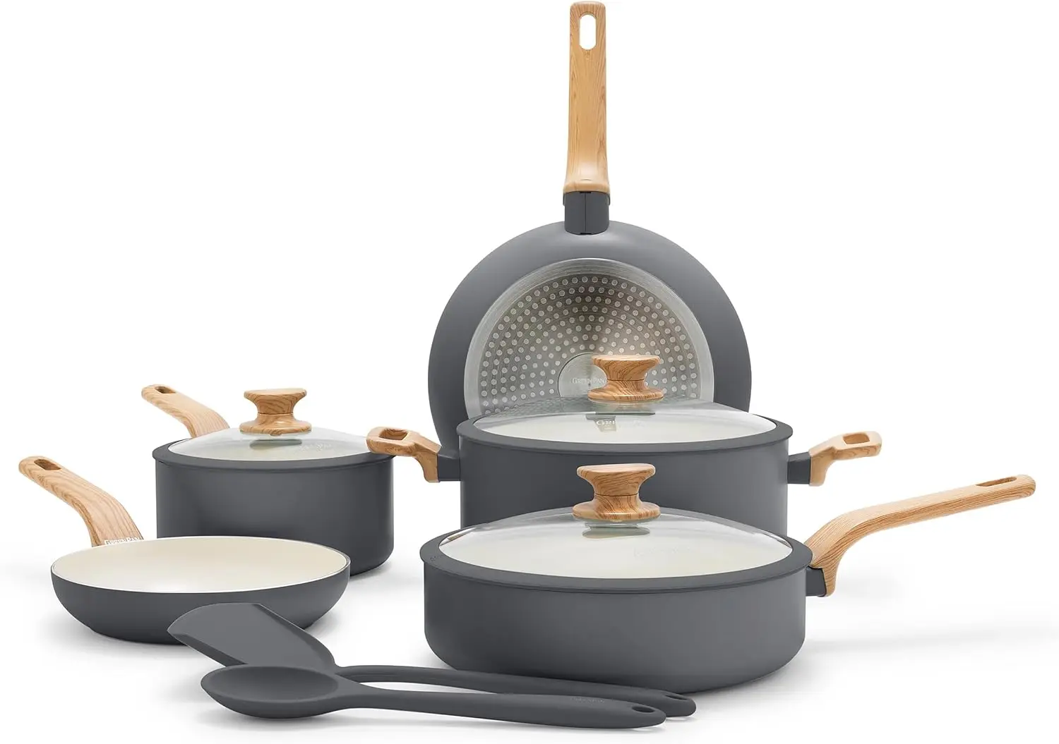 

Rio Essence Wood 10 Piece Cookware Pots and Pans Set, Healthy Ceramic Nonstick, PFOA & PFAS-Free Coating, Induction, Silicone Ri