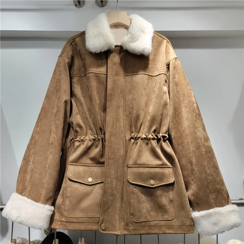 DEAT Women's Coat Drawstring Waist Lamb Wool Pockets Parkas Loosebrown Plush Thick Suede Jackets 2024 New Fashion Winter 29L9009