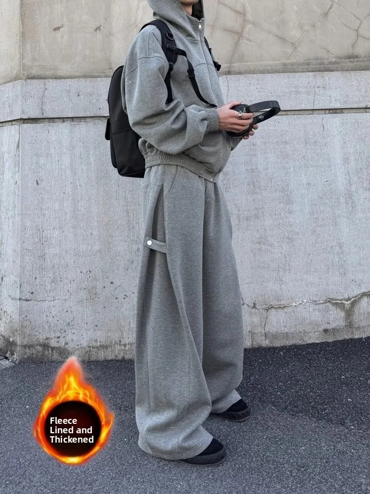 American Style Thick Wide Leg Sport Sweatpants Men's Autumn Winter Fleece Lined Thickened Belt Design Loose Drapey Pants