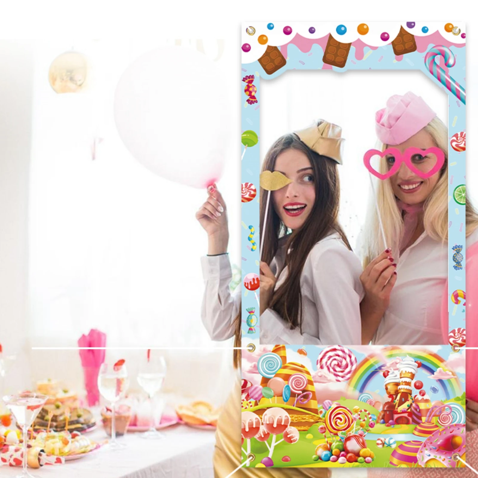 Vibrant Candy Themed Polyester Photo Banner Decorations- Colorful Photo Props Backdrop for Birthday Shower Candy Theme Party Dec