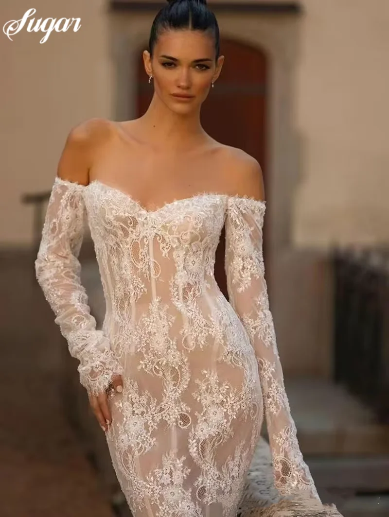 Abito da sposa a sirena senza spalline in pizzo Sweep Train Sirena con scollo a cuore profondo Cerniera Abiti da sposa Donna Vestido De Novia Personalizzato