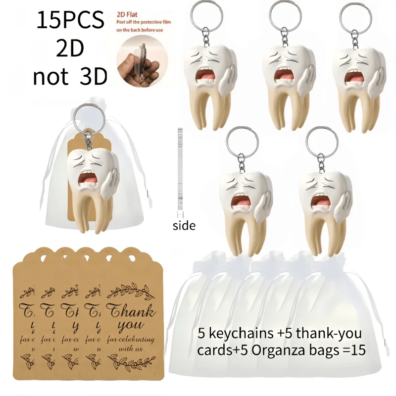 5sets Toothache Keychain Including 2D Acrylic Pendant & Thank You Cards & Gift Bags Personalized Decorations Creative Ornaments