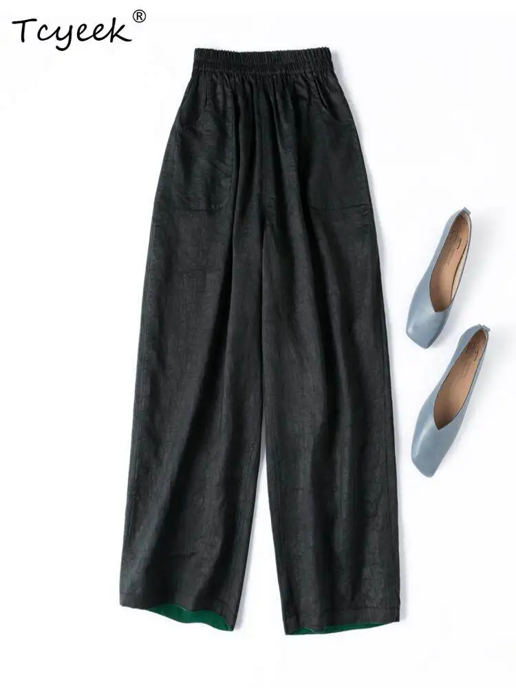 

Tcyeek 100% Real Silk Pants for Woman Clothes Vintage Casual Wide Leg Pants Women Summer Trousers Reversible Pantalones Mujer
