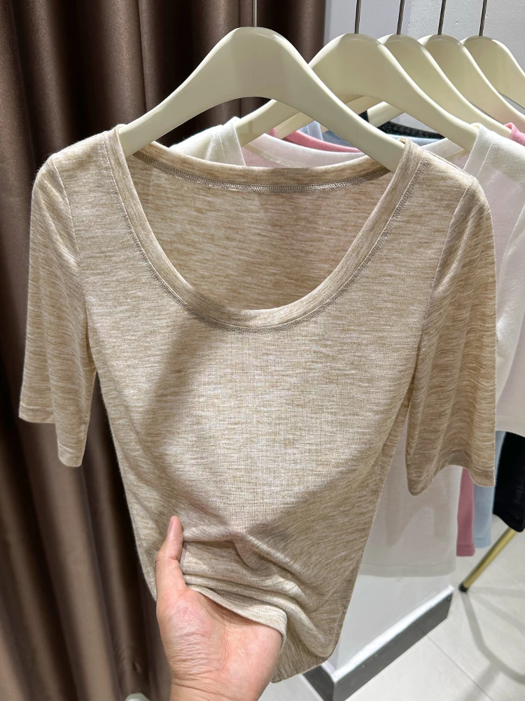 تي شيرت كوري محبوك من الحرير الجليدي ort Sve تي شيرت نسائي صيفي منخفض Ne round Ne Base irt أزرق اللون Blo كبير مستدير N... #2