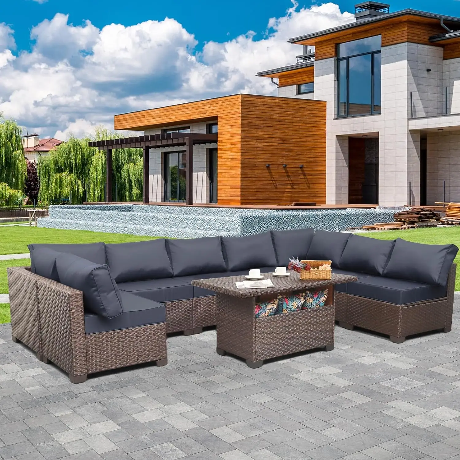 

9-Piece Patio Rattan Furniture Set with Storage Table Outdoor Sectional Couch PE Wicker Sofa with Washable Cushions