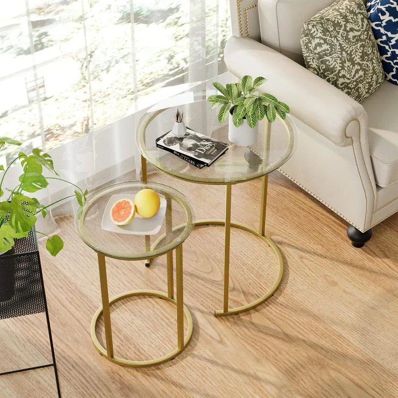 FREE SHIP.Coffee Table Set of 2,Modern Gold Tempered Glass Side Table, Metal Frame Round End Table.Small Glass Tea Table