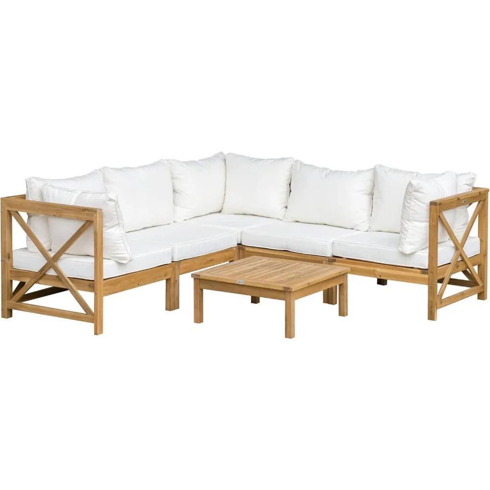 

6 Piece Wood Patio Furniture Set, Outdoor Sectional Sofa with Cushions and Coffee Table, Acacia Wood Conversation Set Couch