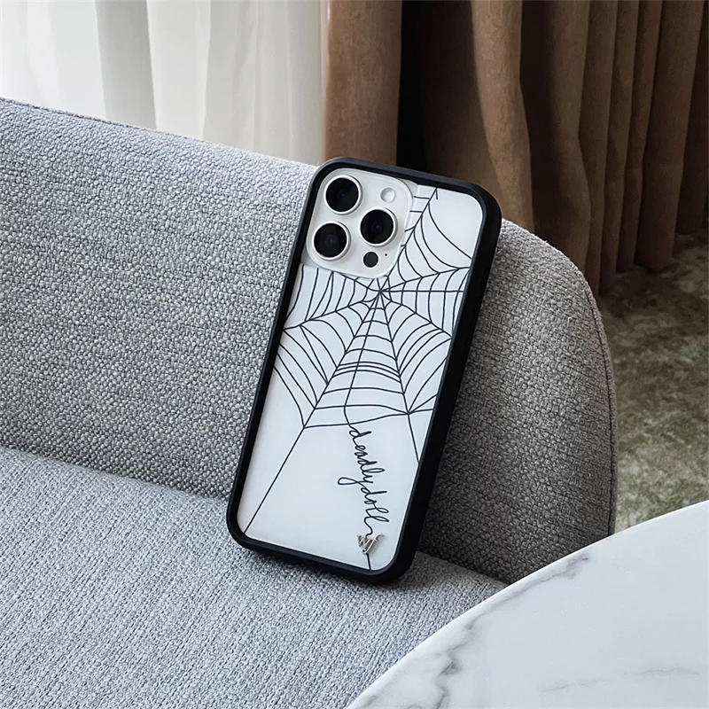 Anime Cartoon Cute Web Skull WF Metal Phone Cover For iPhone 13 12 14 15 16 Pro Max STOP English Wildflower Luxury Marble Case