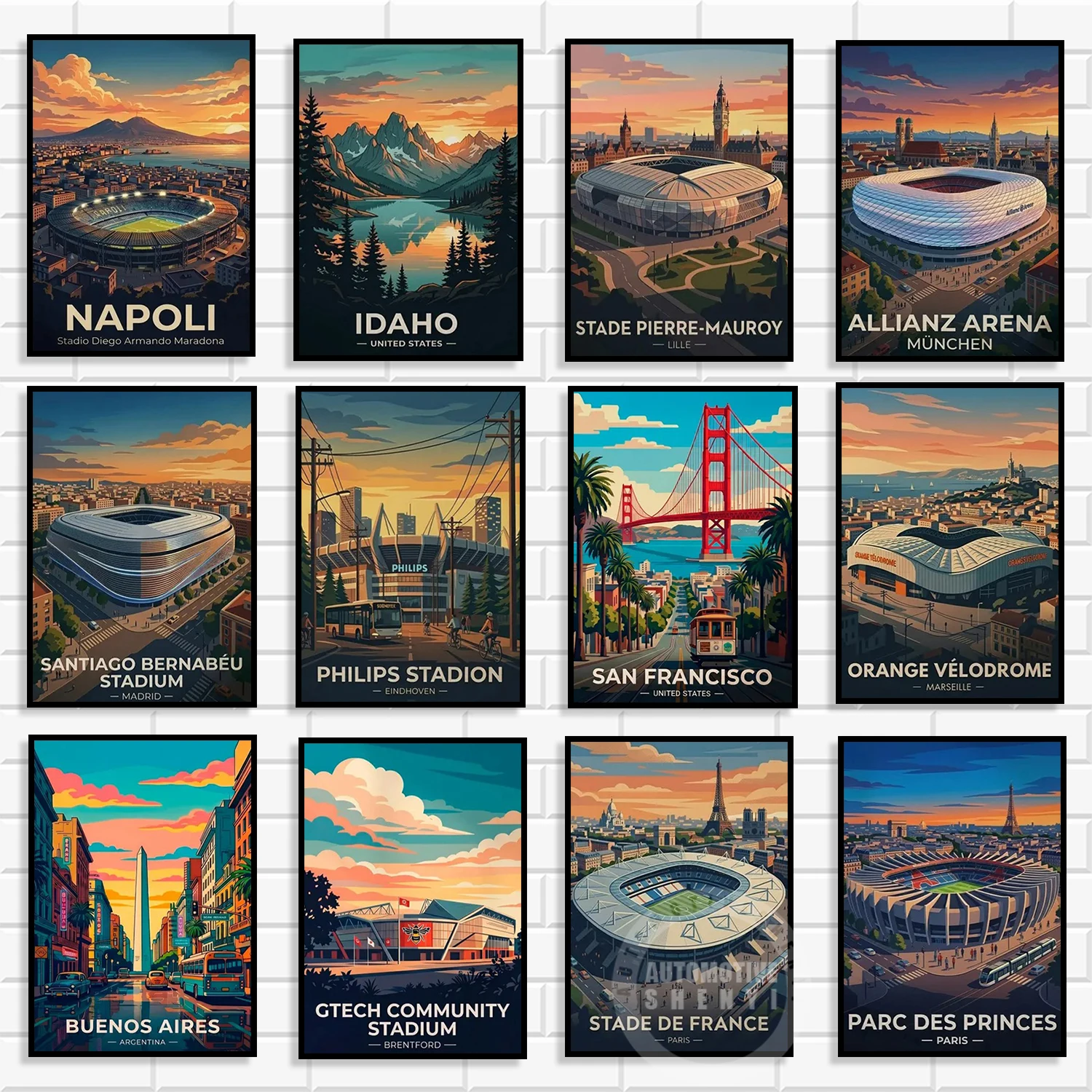 Retro city tourism and football stadium canvas posters European and American sports landmark prints, home wall decorations