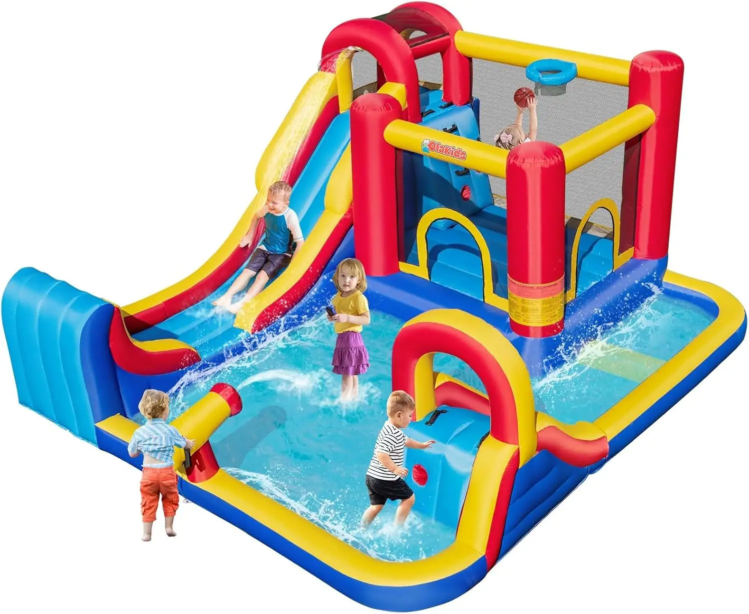 Inflatable Water Slide, 8 in 1 Bounce House Water Park with 2 Slides Splash Pools, Climbing Wall, Water Gun, Basketball