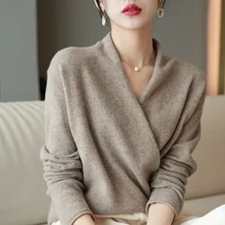 Wool Sweater Knitted Pullover Women Autumn Winter Clothes Cashmere Tricots Casual Versatile Loose  V-Neck Warm Fashion Knit Tops