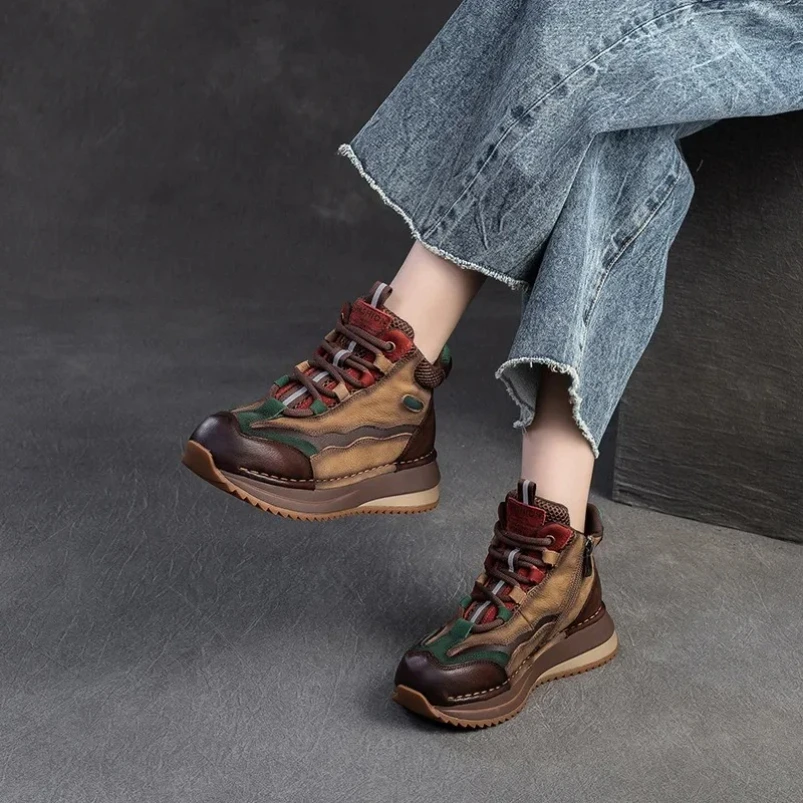 

2025 4cm Suede Cow Genuine Leather Soled Autumn Women Ankle Boots Spring Vulcanize Chunky Sneakers Moccasins Shoes